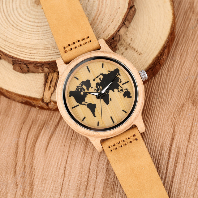 Zegarek damski Maple - drewniana tarcza, skórzany pasek, kwarcowy mechanizm, wzór mapy świata - Wianko - 6