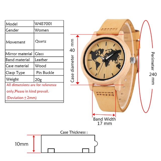 Zegarek damski Maple - drewniana tarcza, skórzany pasek, kwarcowy mechanizm, wzór mapy świata - Wianko - 4