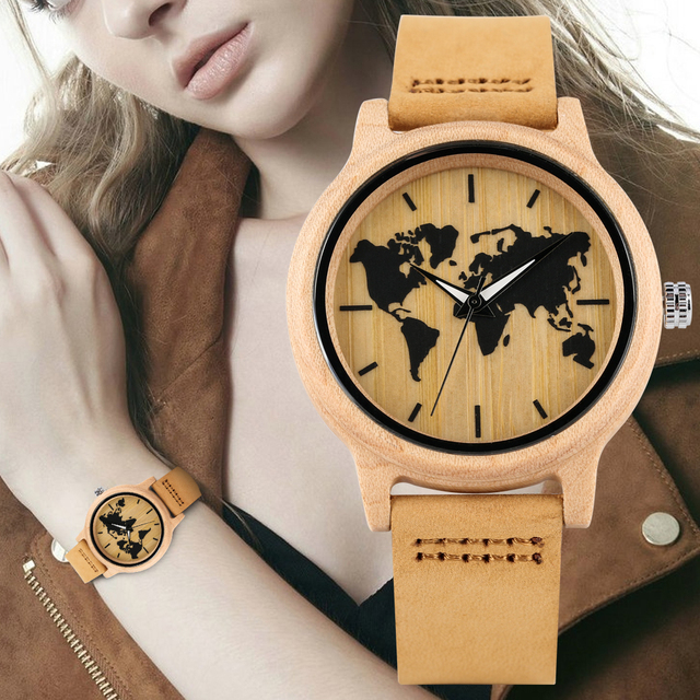 Zegarek damski Maple - drewniana tarcza, skórzany pasek, kwarcowy mechanizm, wzór mapy świata - Wianko - 8