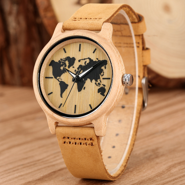 Zegarek damski Maple - drewniana tarcza, skórzany pasek, kwarcowy mechanizm, wzór mapy świata - Wianko - 2