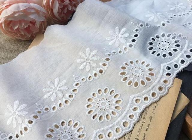 Białe gorąca bawełniana haftowana koronka z kwiatowym wzorem - 14cm szerokości - Wianko - 7