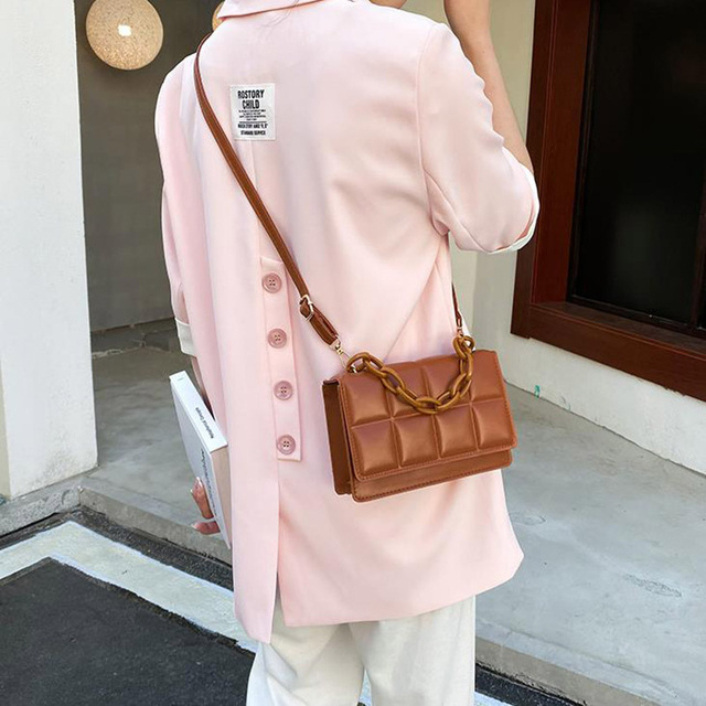 Torba damska na ramię Driga Retro PU skórzana w kratkę 2021 – modna, prosta, kwadratowa mini torba w jednolitym kolorze - Wianko - 7