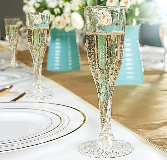 60 szt. złote plastikowe kieliszki do szampana, 5.5 oz, przezroczyste, do jednorazowego użytku, idealne na wesele i koktajle - Wianko - 6