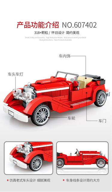 Klocki Sembo - Zestaw antycznych samochodów Vintage Model, budowlany, kreatywny, samochody miejskie, moc prędkości, technika wyścigowa - Wianko - 23