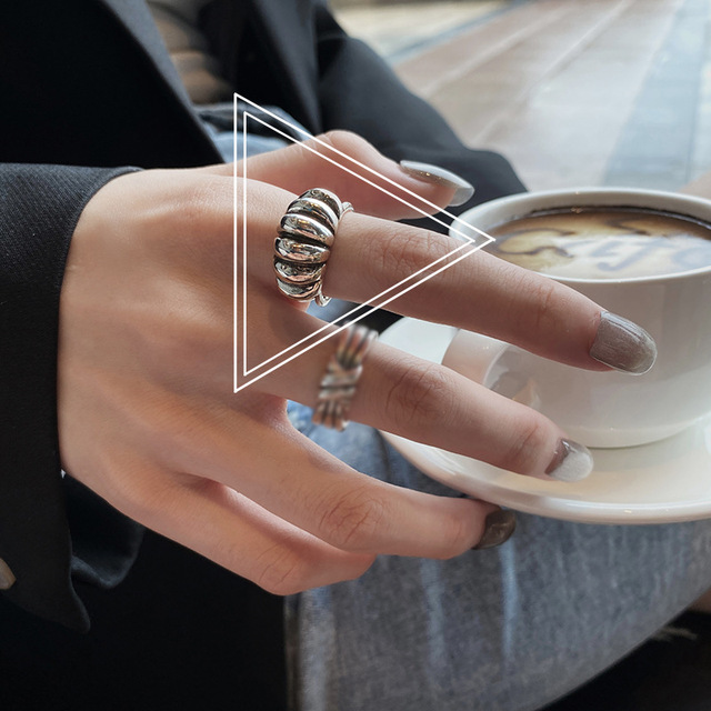 Srebrny pierścionek w stylu vintage z geometrycznym wzorem, regulowany łańcuchem, męski i damski - Wianko - 4