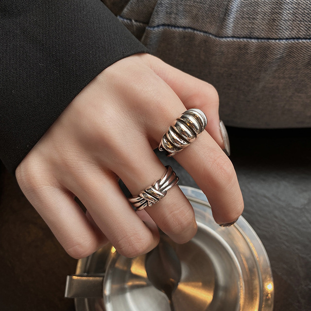 Srebrny pierścionek w stylu vintage z geometrycznym wzorem, regulowany łańcuchem, męski i damski - Wianko - 7