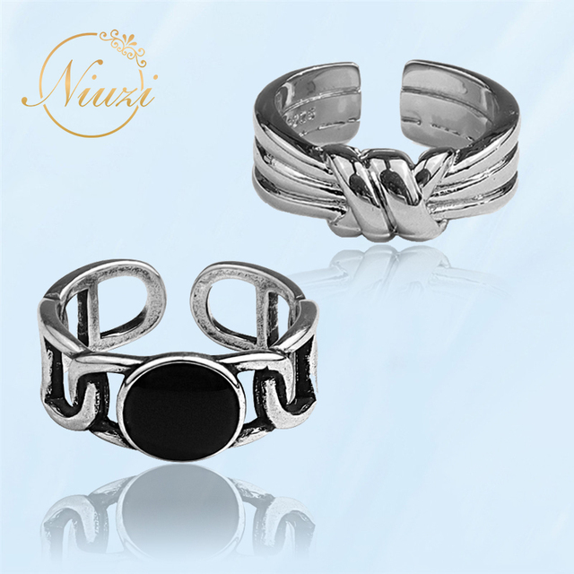 Srebrny pierścionek w stylu vintage z geometrycznym wzorem, regulowany łańcuchem, męski i damski - Wianko - 2