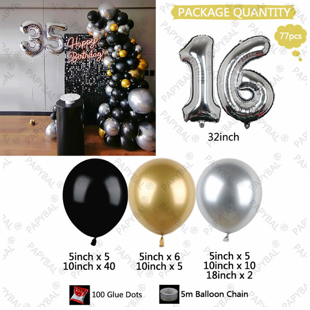 Zestaw 77 czarnych lateksowych balonów 32 cala z chromowanym srebrnym numerem - dekoracja urodzinowa i ślubna - Wianko - 3