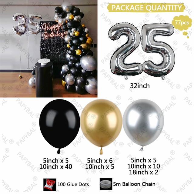Zestaw 77 czarnych lateksowych balonów 32 cala z chromowanym srebrnym numerem - dekoracja urodzinowa i ślubna - Wianko - 6