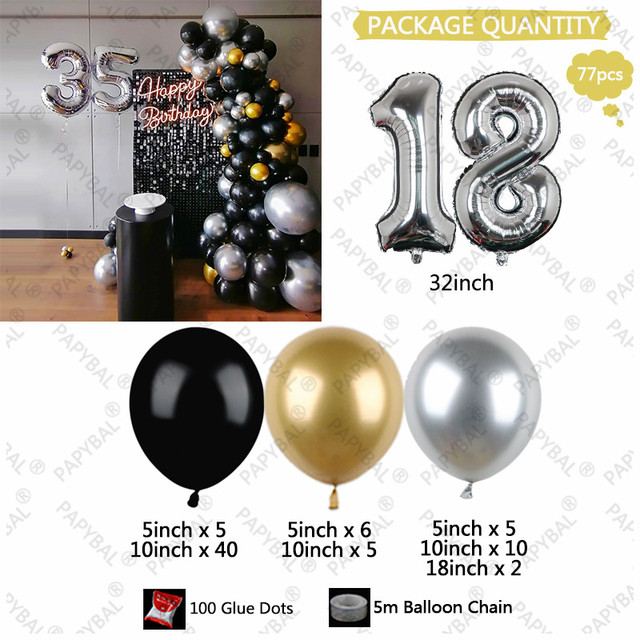 Zestaw 77 czarnych lateksowych balonów 32 cala z chromowanym srebrnym numerem - dekoracja urodzinowa i ślubna - Wianko - 4