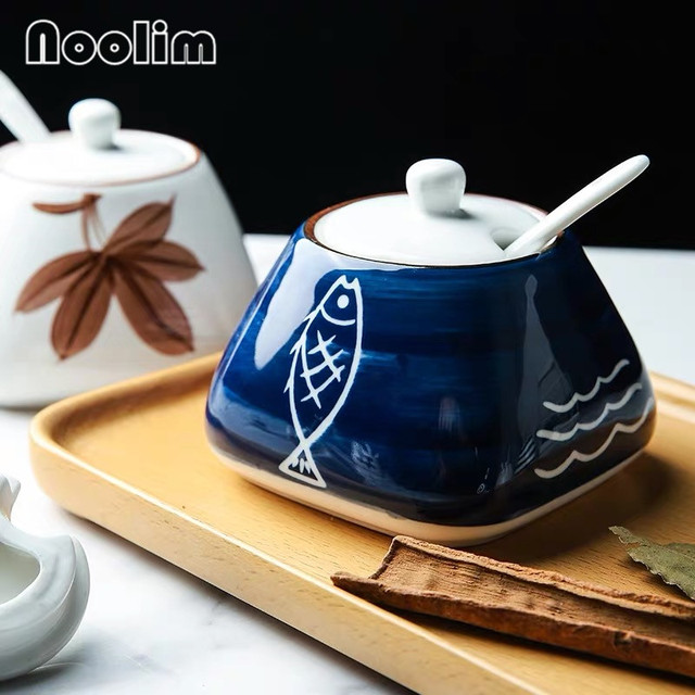Słoik ceramiczny do przypraw w stylu japońskim, niebieski i biały, z łyżeczką - Wianko - 5