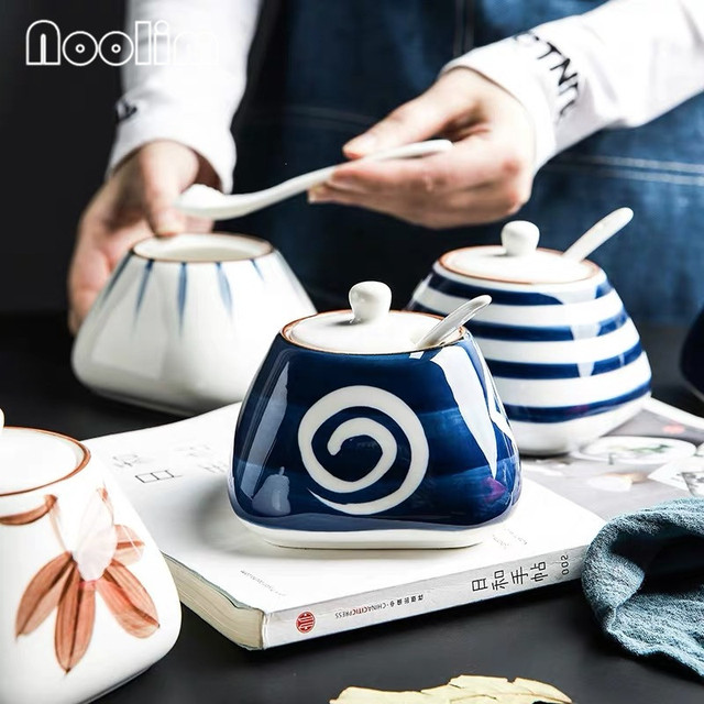 Słoik ceramiczny do przypraw w stylu japońskim, niebieski i biały, z łyżeczką - Wianko - 2