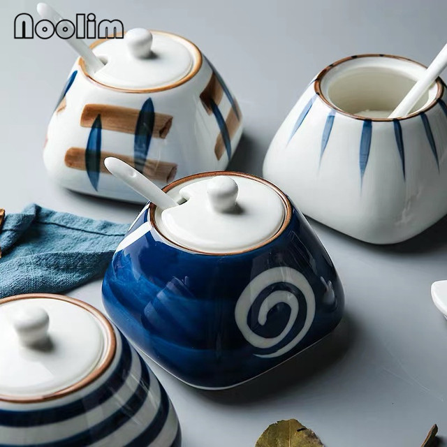 Słoik ceramiczny do przypraw w stylu japońskim, niebieski i biały, z łyżeczką - Wianko - 3
