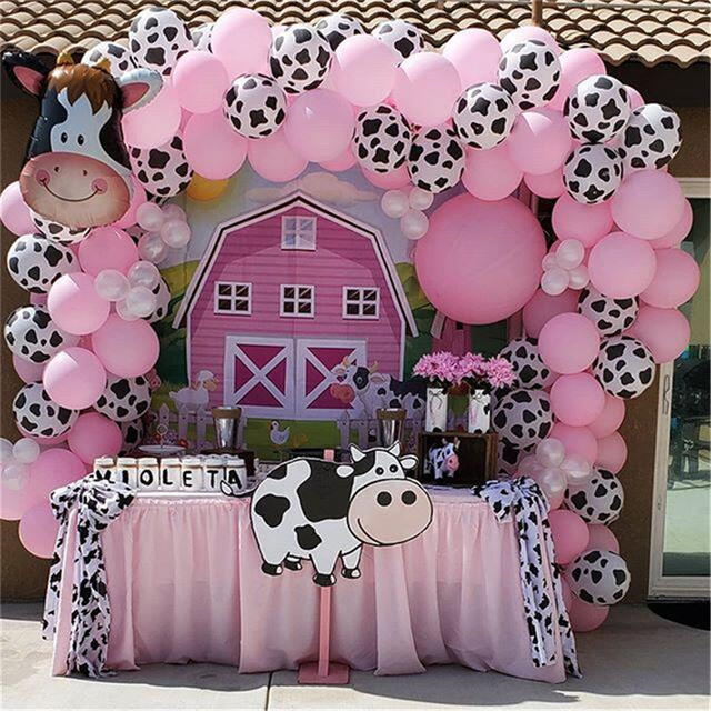 74 sztuki różowych lateksowych balonów z motywem krowy dekoracje Baby Shower urodzinowe Balon Garland talerz Farm Party Supplies - Wianko - 1