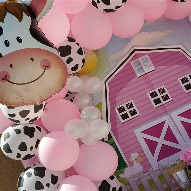 74 sztuki różowych lateksowych balonów z motywem krowy dekoracje Baby Shower urodzinowe Balon Garland talerz Farm Party Supplies - Wianko - 3