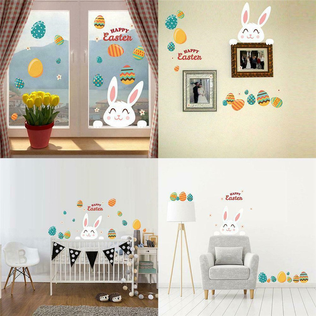 Naklejki ścienne - zestaw 2 sztuk: królik w jajku, wielkanocne dekoracje DIY dla okna i ściany - Wianko - 4