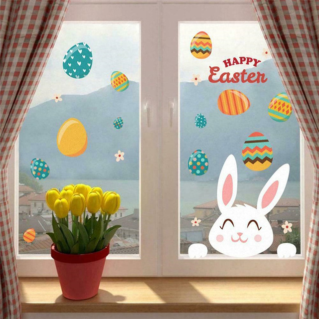 Naklejki ścienne - zestaw 2 sztuk: królik w jajku, wielkanocne dekoracje DIY dla okna i ściany - Wianko - 1