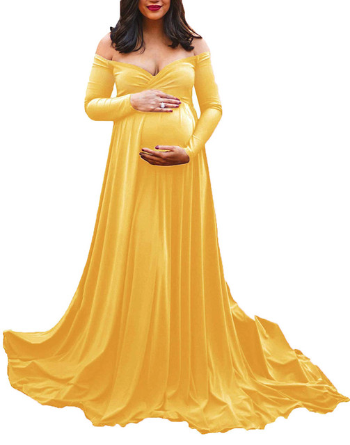 Długa sukienka ciążowa z dekoltem w serek, idealna do sesji zdjęciowej - Maxi sukienka dla kobiet w ciąży - Wianko - 9