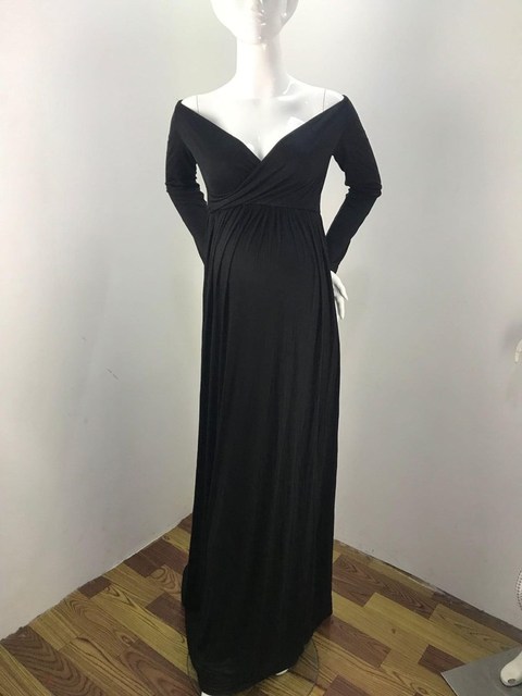Długa sukienka ciążowa z dekoltem w serek, idealna do sesji zdjęciowej - Maxi sukienka dla kobiet w ciąży - Wianko - 14