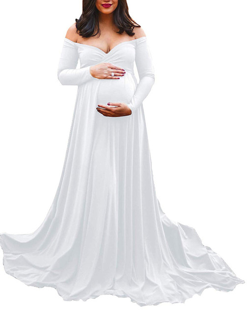 Długa sukienka ciążowa z dekoltem w serek, idealna do sesji zdjęciowej - Maxi sukienka dla kobiet w ciąży - Wianko - 10