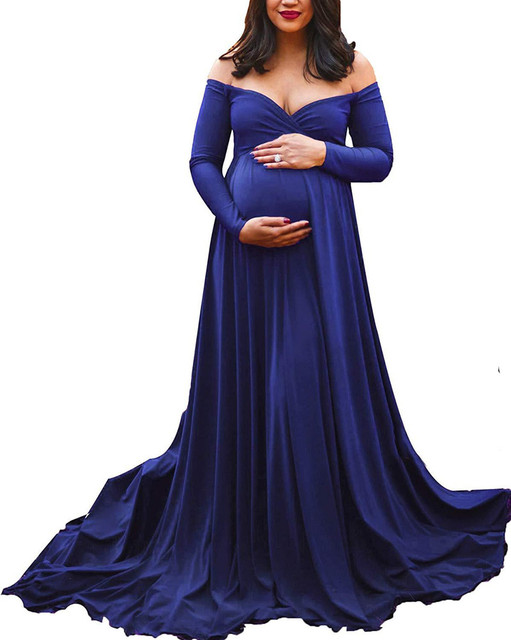 Długa sukienka ciążowa z dekoltem w serek, idealna do sesji zdjęciowej - Maxi sukienka dla kobiet w ciąży - Wianko - 8