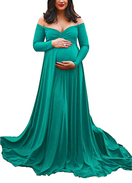 Długa sukienka ciążowa z dekoltem w serek, idealna do sesji zdjęciowej - Maxi sukienka dla kobiet w ciąży - Wianko - 12