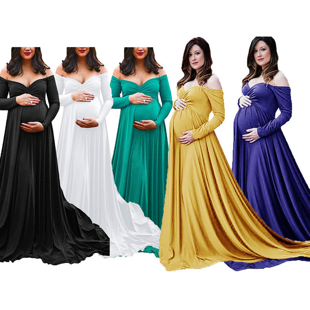 Długa sukienka ciążowa z dekoltem w serek, idealna do sesji zdjęciowej - Maxi sukienka dla kobiet w ciąży - Wianko - 2