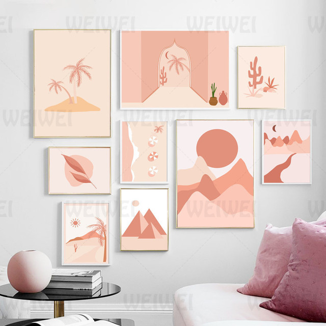 Obrazy do dekoracji mieszkania: Streszczenie góry, słońca, rzeki, księżyca. Płótno pokoju z obrazem plaży i pustyni, roślinami - Wianko - 6