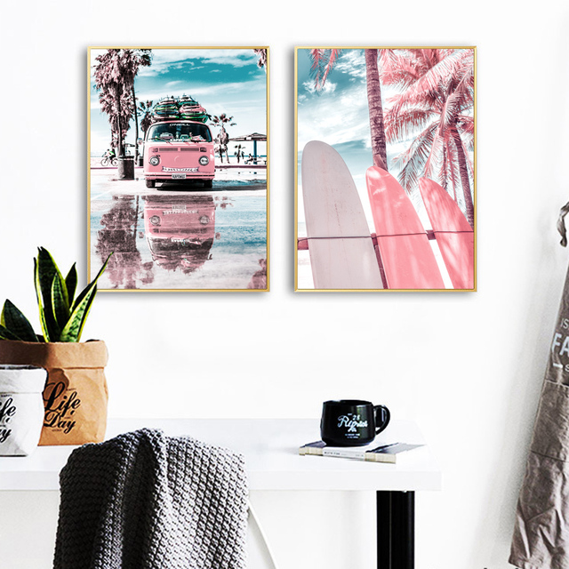 Obraz na płótnie Wall Art Nordic - Różowy krajobraz plaża i palmy - dekoracja salonu - Wianko - 2