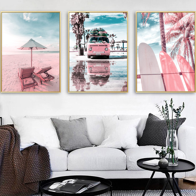 Obraz na płótnie Wall Art Nordic - Różowy krajobraz plaża i palmy - dekoracja salonu - Wianko - 8
