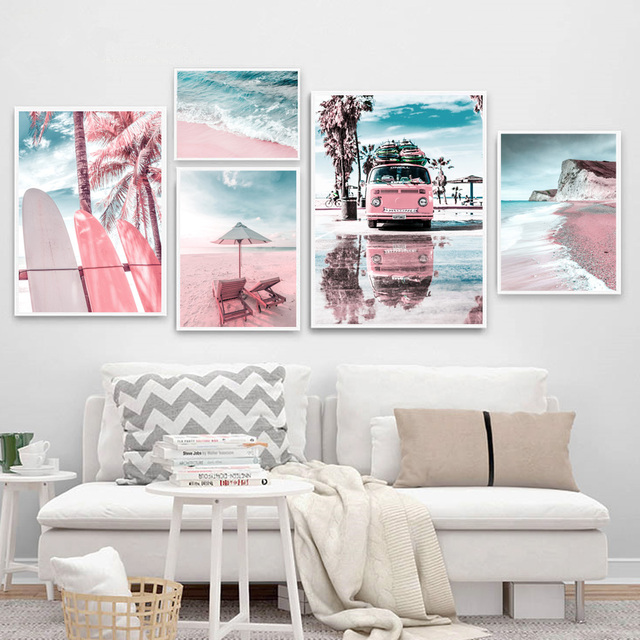 Obraz na płótnie Wall Art Nordic - Różowy krajobraz plaża i palmy - dekoracja salonu - Wianko - 1