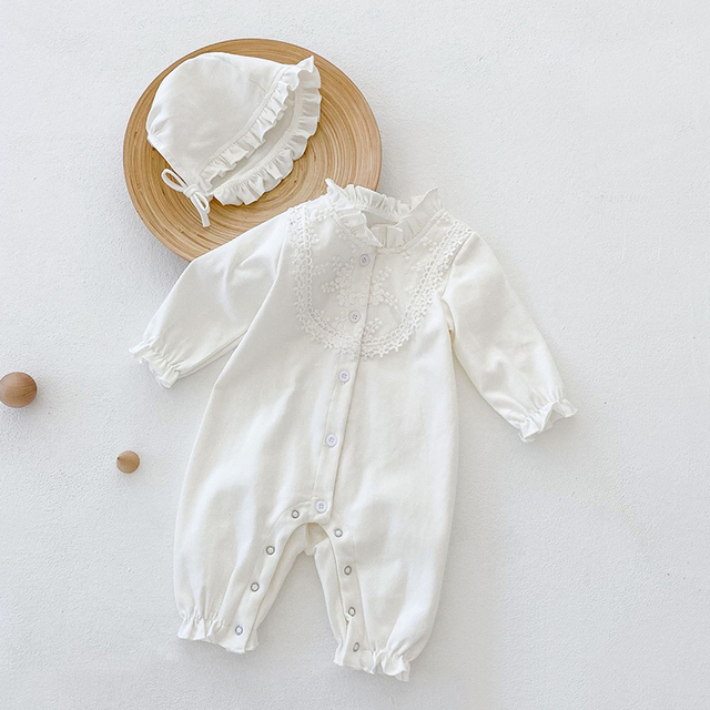 Kombinezon długie rękawy jednolitego koloru dla niemowląt z kapeluszem - dziewczęcy strój Romp, idealny na wiosnę i jesień - Wianko - 6