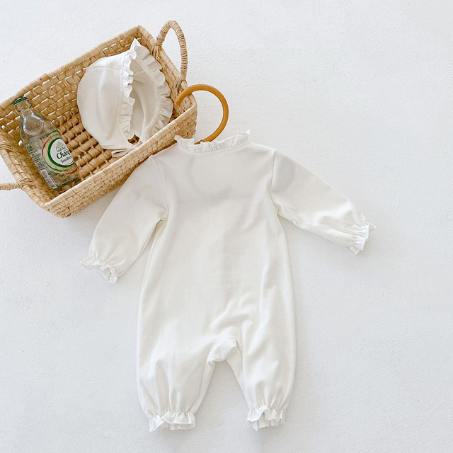 Kombinezon długie rękawy jednolitego koloru dla niemowląt z kapeluszem - dziewczęcy strój Romp, idealny na wiosnę i jesień - Wianko - 7