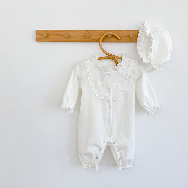 Kombinezon długie rękawy jednolitego koloru dla niemowląt z kapeluszem - dziewczęcy strój Romp, idealny na wiosnę i jesień - Wianko - 3