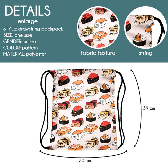 Damski plecak na buty torba strunowa Sushi Cat z motywem 3D dla dzieci do szkoły i treningu sportowego - Wianko - 1