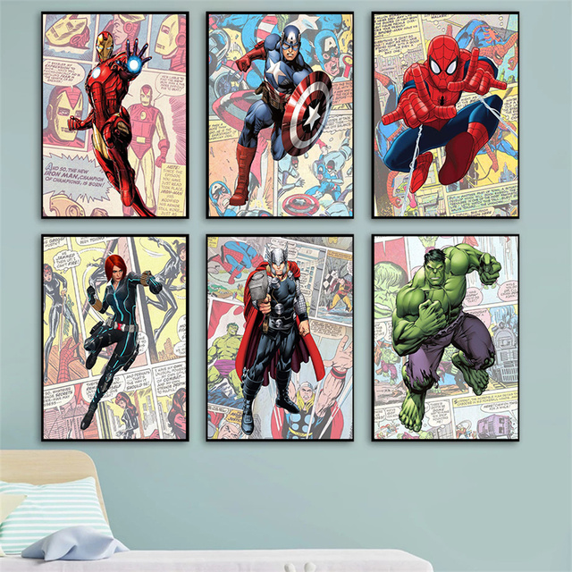 Malarstwo na płótnie z komiksowymi postaciami Marvel Superhero: Kapitan Ameryka i Iron Man - idealne ozdoby do pokoju dla dzieci - Wianko - 3
