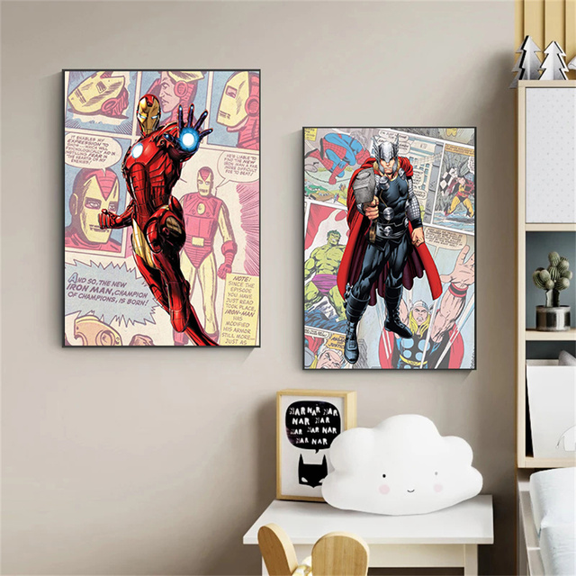 Malarstwo na płótnie z komiksowymi postaciami Marvel Superhero: Kapitan Ameryka i Iron Man - idealne ozdoby do pokoju dla dzieci - Wianko - 6