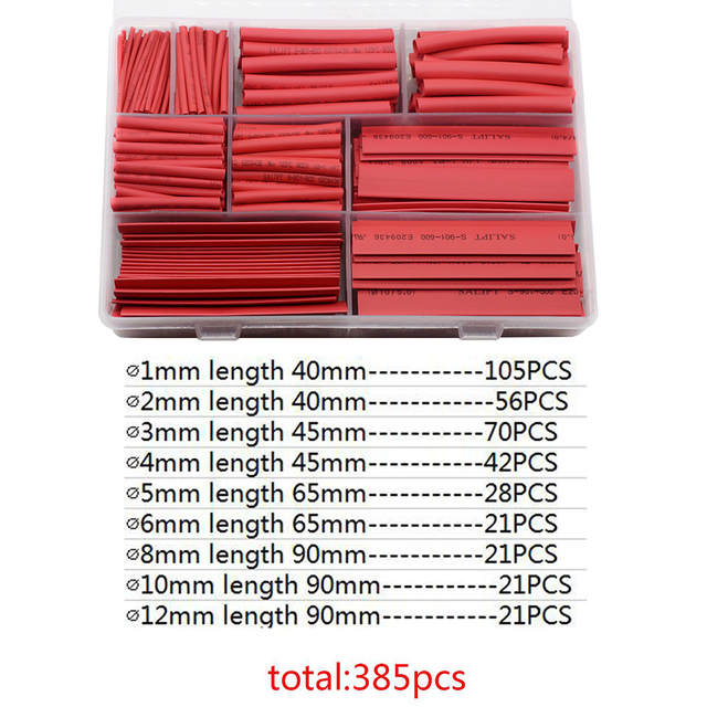 Zestaw termokurczliwych tulei do kabli, 9 różnych rozmiarów, kolor czerwony, 385 sztuk, palność zredukowana, odporność na temperaturę do 600 V, DIY - Wianko - 1