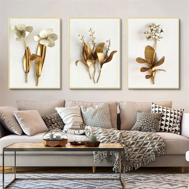Obraz ściany na płótnie - Złote liście kwiaty, abstrakcyjny wydruk, luksusowy plakat Nordic do salonu - Wianko - 1