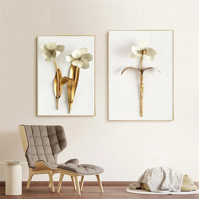 Obraz ściany na płótnie - Złote liście kwiaty, abstrakcyjny wydruk, luksusowy plakat Nordic do salonu - Wianko - 4