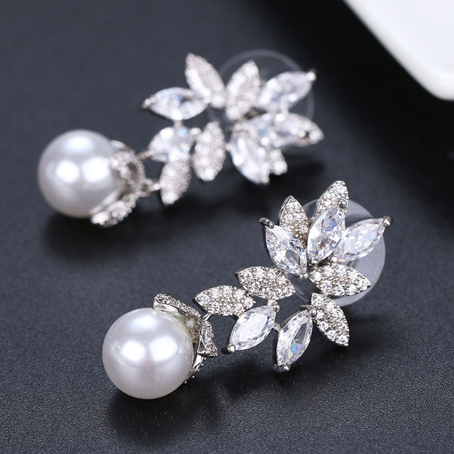 Kolczyki wiszące HUAMI Big Pearl Drop - luksusowe biżuteria koreańska z białymi cyrkoniami i kryształowymi liśćmi dla kobiet ślubnych - Wianko - 19