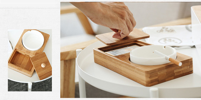 Kreatywne drewniane pudełko do przechowywania z ceramiczną popielniczką - stylowy i ekologiczny dodatek do nowoczesnego wystroju stołu - Wianko - 3