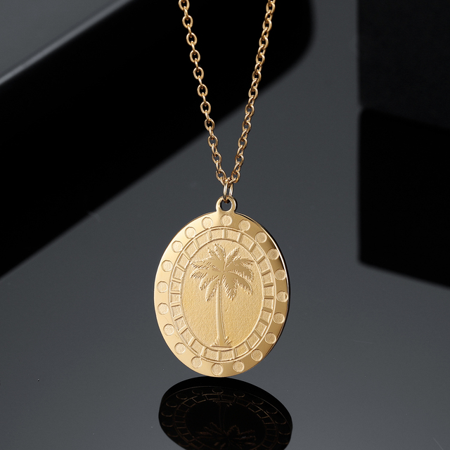 Personalizowany naszyjnik z grawerem - złoty stalowy wisiorek palma z pierwszą literą imienia, w kształcie liścia klonu - prezent dla kobiet i mężczyzn - Wianko - 3