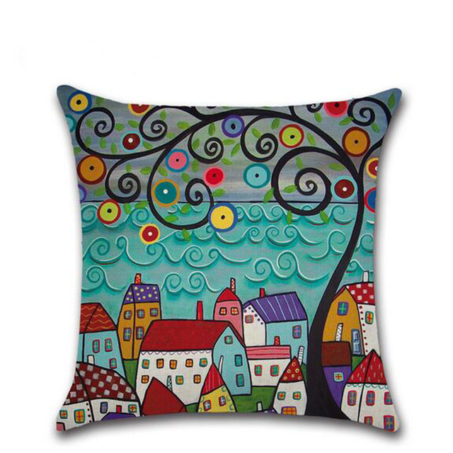 Poszewka na poduszkę dekoracyjną z lnu z wzorem kreskówki w kształcie wsi, 45x45cm, zestaw 2 szt - Wianko - 3