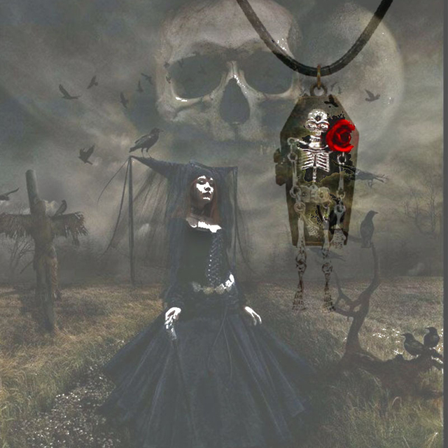 Naszyjnik gotyckiej czaszki z czerwoną różą na damskiej trumnie Halloween z ruchomymi kończynami - hurtowo - Wianko - 1
