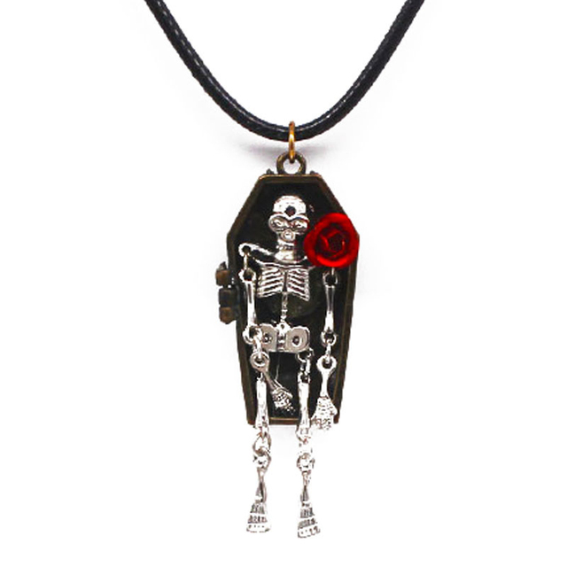 Naszyjnik gotyckiej czaszki z czerwoną różą na damskiej trumnie Halloween z ruchomymi kończynami - hurtowo - Wianko - 4