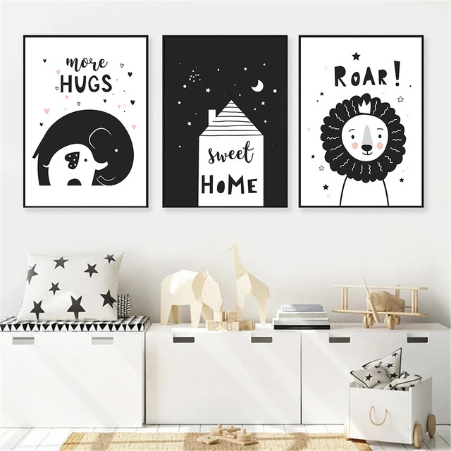 Plakat słoń z nadrukiem lwa, czarno-biały, dla przedszkola, na płótnie, dekoracja ściany pokoju dziecięcego, malarstwo i kaligrafia - Wianko - 2