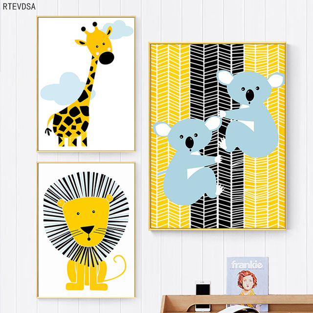Plakat ze zwierzętami - żyrafa, lew, kreskówka - dekoracja do pokoju dziecięcego - Wianko - 3