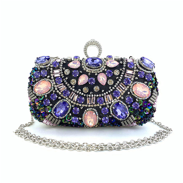 Ekskluzywna torebka wieczorowa z fioletowymi kryształkami i uchwytem na ramię, idealna na ślub i wieczór - Wianko - 2