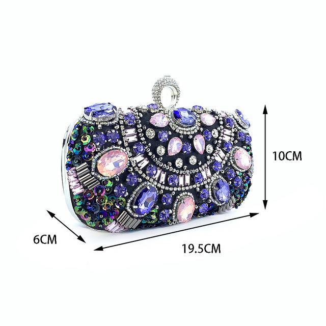 Ekskluzywna torebka wieczorowa z fioletowymi kryształkami i uchwytem na ramię, idealna na ślub i wieczór - Wianko - 6